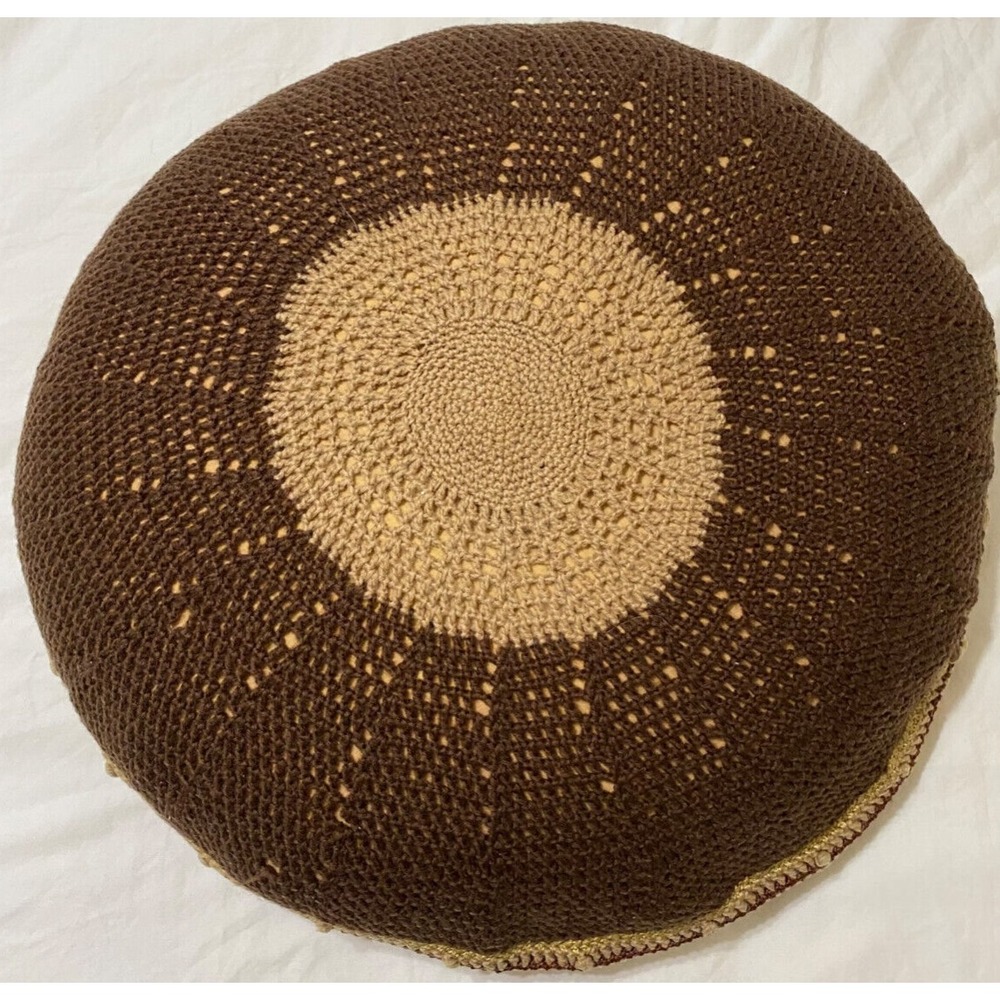Crocheted Throw Pillow MCM Browns Beige Vtg 70s Look Round Meditation - Picture 4 of 10